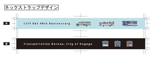 ネックストラップのストラップ部分のデザイン画像。市バスが印刷されています。表が空色、裏が黒色です。