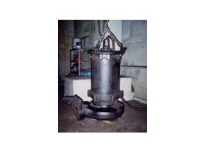 排水槽から引き揚げた水中ポンプの写真