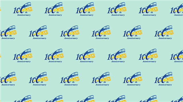 模様の壁紙見本です。緑の背景に、市営交通100周年のロゴマークがたくさん並んでいます。